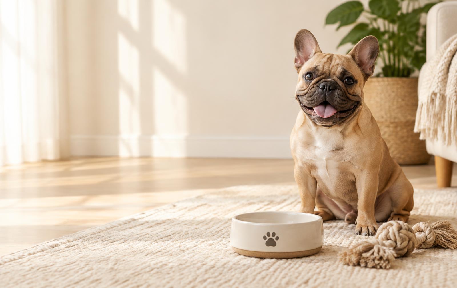 Happy French bulldog with a bowl and rope toy